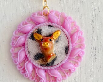 Bambi kitsch deer handmade pendant, kawaii pink, paper clip chain necklace retro, leopard print