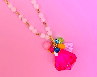 Hot pink acrylic crystal pendant, long handmade necklace, rosary beads, colourful, charms and tassels