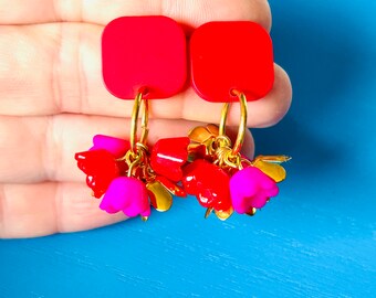 Floral bloom charm flower earrings, dangle red and pink, square stud, clashing colour