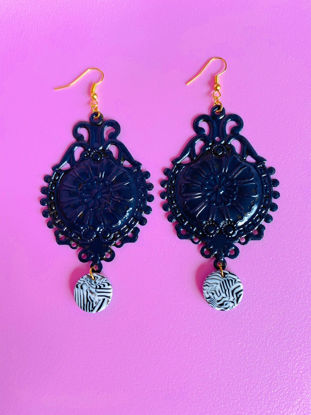 Navy Earringsstatement Earrings Unique Earrings Quirky Etsy