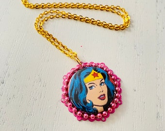 Wonder Woman Badge pendant, repurposed necklace,