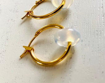 16kt gold plated huggy hoops, iridescent luminous hooped earrings,  donut bead