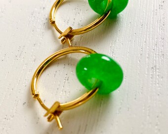 16kt gold plated huggy hoops, green hooped earrings, green bead