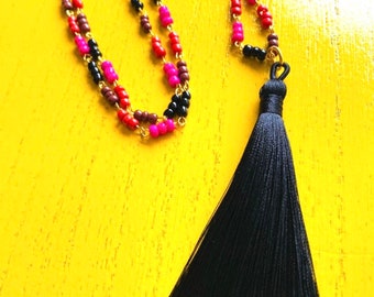 extra long tassel necklace, red pink brown black, rosary necklace black tassel, festival party wear