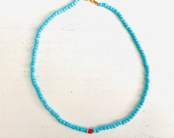 Seed bead turquoise with red centre necklace, choker, handmade, blue short