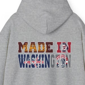 May include: Gray hooded sweatshirt with the text "MADE IN WASHINGTON" in colorful letters and logos of Washington D.C. sports teams.