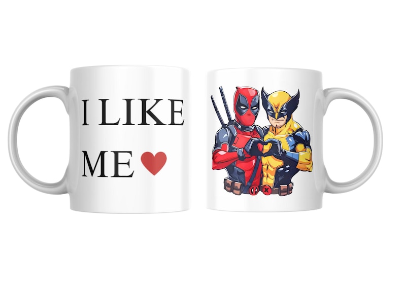May include: White ceramic mug with a red heart and the text "I LIKE ME" on one side and a cartoon image of Deadpool and Wolverine on the other side.