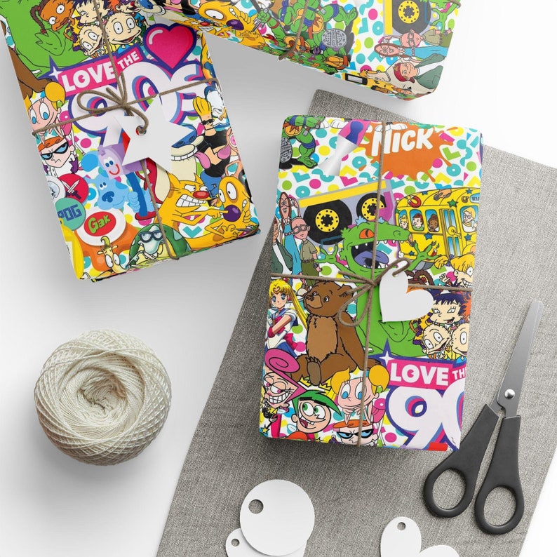 90s Cartoon Gift Wrap, Nostalgic Fine Art Paper, Matte or Glossy image 1