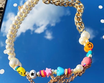 Happy Daze Beaded Necklace, Martha Calvo Necklace, Y2K, Pinterest Beaded Charm Necklace, Happy Go Lucky Dupe, Beaded Choker, Pearl Necklace