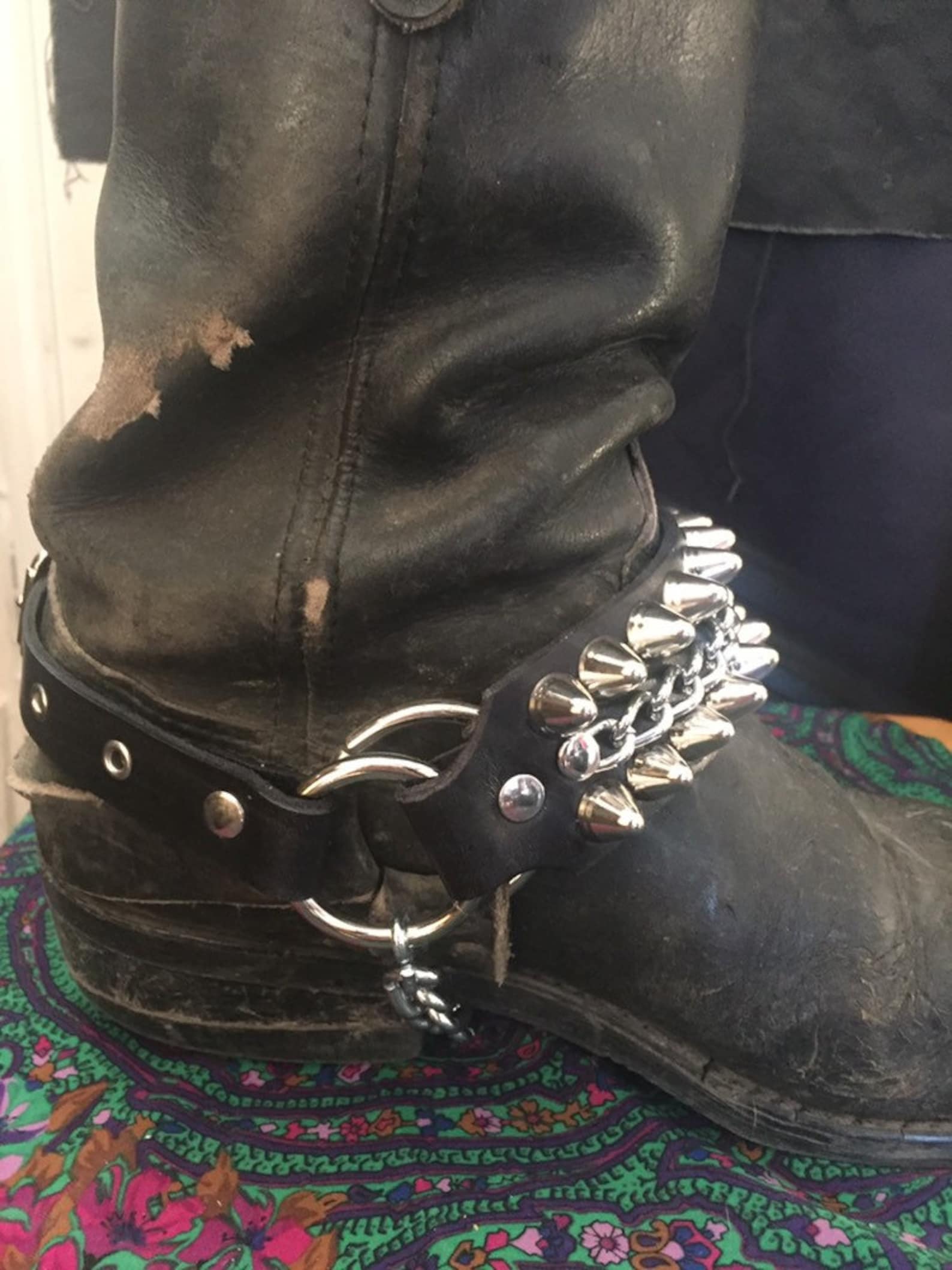 Tall Cone Studded Leather Bootstrap With Chain | SEXMAN LEATHER - Etsy