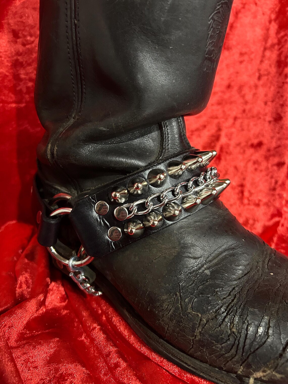 Tall Cone Studded Leather Bootstrap With Chain | SEXMAN LEATHER - Etsy