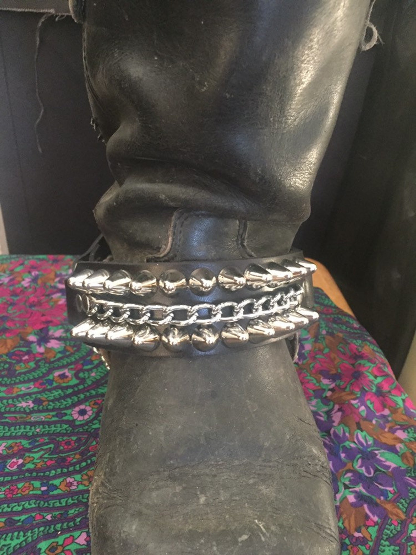 Tall Cone Studded Leather Bootstrap With Chain | SEXMAN LEATHER - Etsy