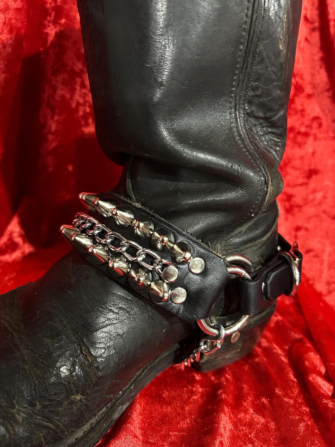 Tall Cone Studded Leather Bootstrap With Chain | SEXMAN LEATHER - Etsy