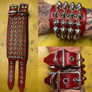 Red four row english cone studded bracelet