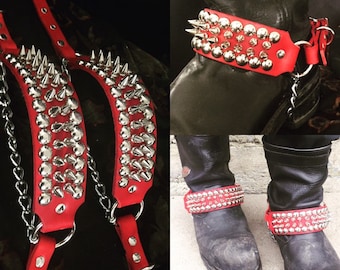 Pair of red leather bootstraps with dome/ spikes