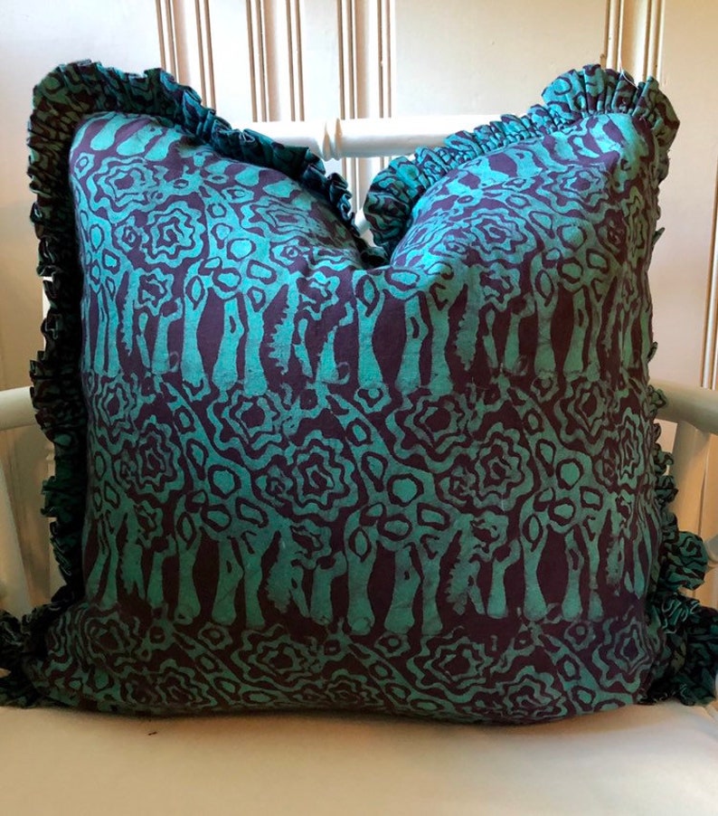 20 Purple and Turquoise Ruffled Cotton Batik African Decorative Throw Pillow Cover with Giraffes, Lined with Down and Feather Insert image 1