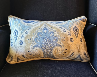 Blue and Tan Paisley Linen Lumbar Pillow with Velvet Back and Cording