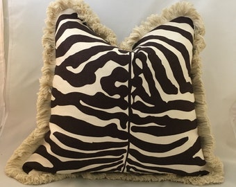 20" Scalamandre Savannah Brown Linen Designer Accent Pillow with Brush Fringe
