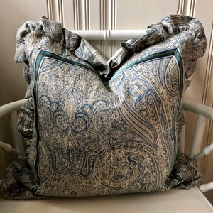 20 x 20 Linen Ruffled Paisley Decorative Throw Pillow Cover with Scalamandre Ribbon