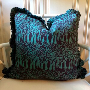 20 Purple and Turquoise Ruffled Cotton Batik African Decorative Throw Pillow Cover with Giraffes, Lined with Down and Feather Insert image 3