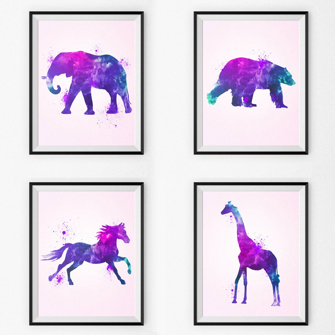 Watercolor Nursery Art Set of 4 Watercolor Nursery Art Wall Art Pink Animals Watercolor Canvas