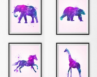 Watercolor Nursery Art Set Of 4- Watercolor Nursery Art - Wall Art - Pink Animals - Watercolor Canvas - Watercolor Print - Girl Paintings