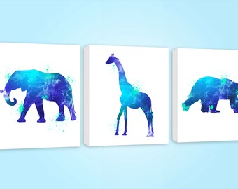 Nursery Art Canvas - Blue Safari Animal Prints - Watercolor Painting - Boy's Nursery Art - Set Of 3 Nursery Watercolor Canvas Prints