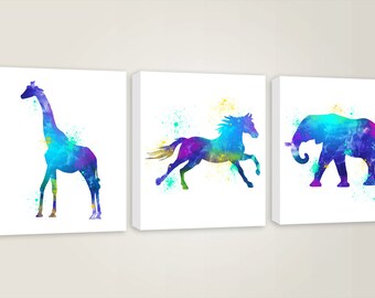 Nursery Art Canvas - Colorful Animal Prints - Watercolor Painting - Set Of 3 Nursery Watercolor Canvas Prints