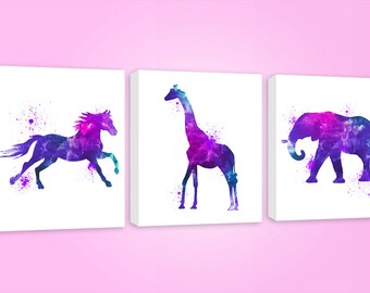Nursery Art Canvas - Pink Purple Safari Animal Prints - Watercolor Painting - Girl's Nursery Art - Set Of 3 Nursery Watercolor Canvas Prints