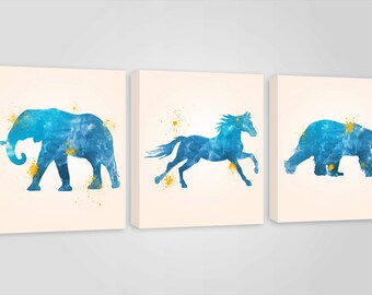 Nursery Art Canvas - Blue Safari Animal Prints - Watercolor Painting - Set Of 3 Nursery Watercolor Canvas Prints