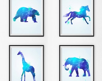 Watercolor Nursery Art Set Of 4- Watercolor Nursery Art - Wall Art - Animals - Watercolor Canvas - Watercolor Print - Watercolor Paintings
