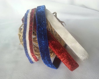Non Slip Headband Patriotic 4th of July Red Blue White Velvety Glitter Sparkle in the USA 5/8" wide Non Flake Glitter
