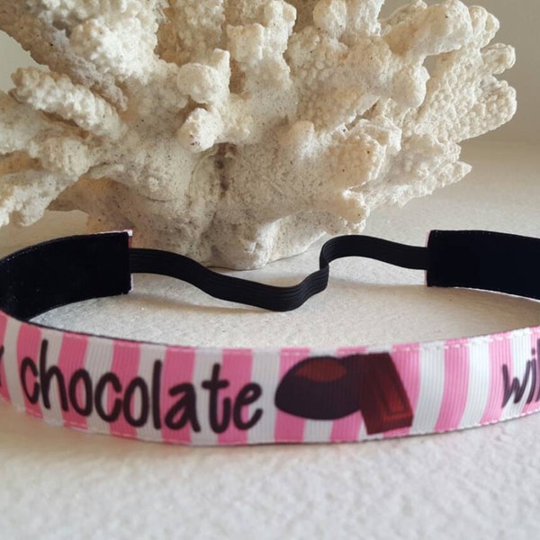 Non Slip Headband Will Run For CHOCOLATE! 7/8" Wide Pink Chocolate Lovers Run Half Marathon/Marathons