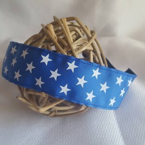 May include: A blue headband with white stars printed on it. The headband is wrapped around a woven ball of twigs.