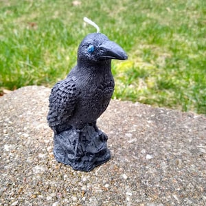May include: A black raven-shaped candle with blue eyes and a white wick. The candle is perched on a dark, textured base, set against a backdrop of green grass. The raven's feathers are detailed, creating a realistic appearance.