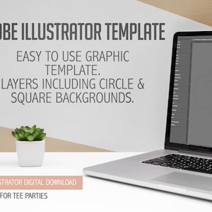Puede incluir: Una pantalla de computadora portátil que muestra una plantilla de letrero de bienvenida rosa y dorado para Adobe Illustrator. La plantilla tiene capas que incluyen fondos circulares y cuadrados. El texto "Adobe Illustrator Template" se muestra encima de la computadora portátil.