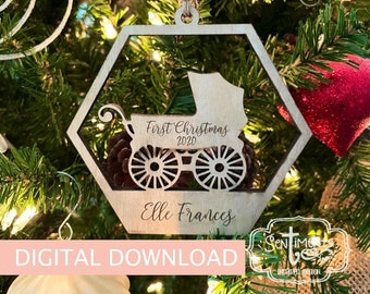 Pierwsza drewniana ozdoba świąteczna dla dziecka do pobrania w wersji cyfrowej - Laser, Boże Narodzenie, 2021, Prezent, Glowforge, Wektor, drewno, akryl, wózek, nowe dziecko