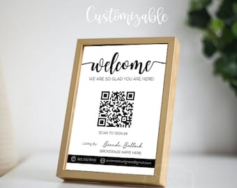Szablon do edycji - Znak z kodem QR - Strona internetowa domu otwartego dla agentów nieruchomości Etsy Link do formularza Google - Cyfrowy znak na stół 5x7 - Szablon Canva