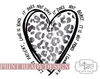 Walentynki Sublimacja Projekt Pismo Święte Chrześcijańskie Serce Leopard Print 1 Koryntian 13:4 Czarno-biały Akwarela