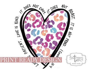 Walentynki Sublimacja Projekt Pismo Święte Chrześcijańskie Serce Leopard Print 1 Koryntian 13:4 Wielokolorowy