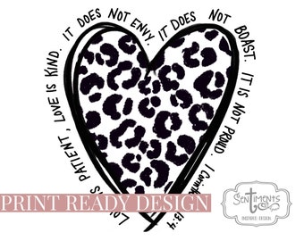 Walentynki Sublimacja Projekt Pismo Święte Chrześcijańskie Serce Wzór Panterki 1 Koryntian 13:4 Czarno-biały