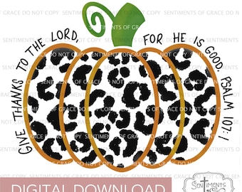 Jesienny projekt sublimacji Święta Dziękczynienia Pismo Święte Chrześcijańska dynia Leopard Print Psalm 107:1 Czarny