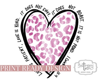 Walentynki Sublimacja Projekt Pismo Święte Chrześcijańskie Serce Leopard Print 1 Koryntian 13:4 Różowa Akwarela