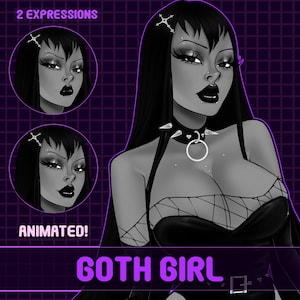 May include: A black and white digital illustration of a goth girl with long black hair, wearing a black choker with spikes and a black top with a spiderweb design. The image includes two animated expressions of the girl's face.