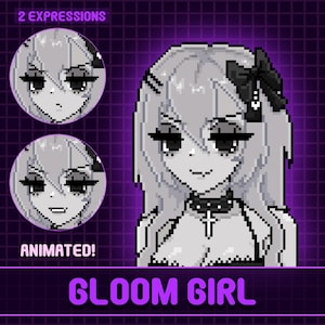 Könnte beinhalten: Pixel-Art-Illustration eines Charakters namens "Gloom Girl" mit zwei Gesichtsausdrücken. Der Charakter hat lange, hellfarbene Haare, eine schwarze Schleife und einen Kreuzanhänger. Der Text "2 EXPRESSIONS" und "ANIMATED!" sind sichtbar.