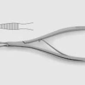 May include: Silver pliers with long, pointed tips and curved handles. A line drawing of the pliers' tip is in the upper left corner. The tool appears to be made of metal.