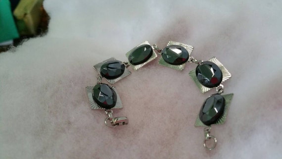 Vintage Black Hermatite Glass Bracelet w  Oval Cu… - image 2