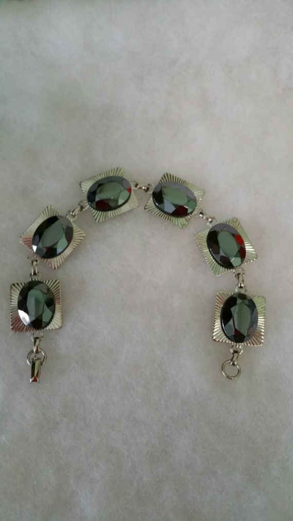 Vintage Black Hermatite Glass Bracelet w  Oval Cu… - image 1