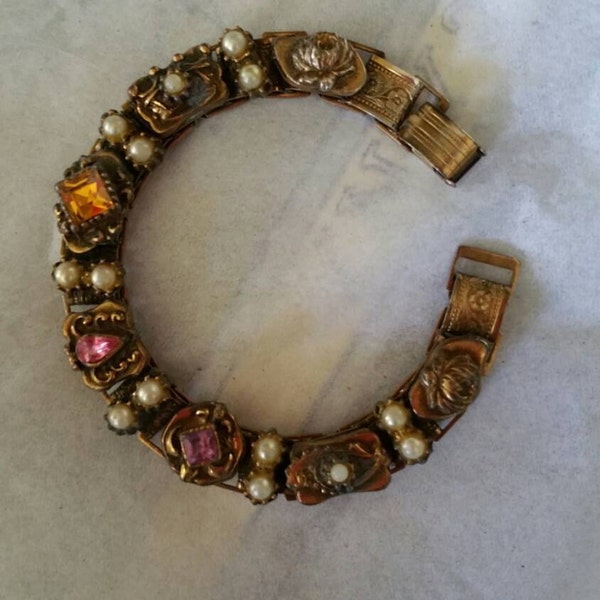 Vintage art nouveau revival style crystal chain link bracelet