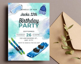 Editable Ski and Snowboard birthday  party invitation, neon party  5x7 invites